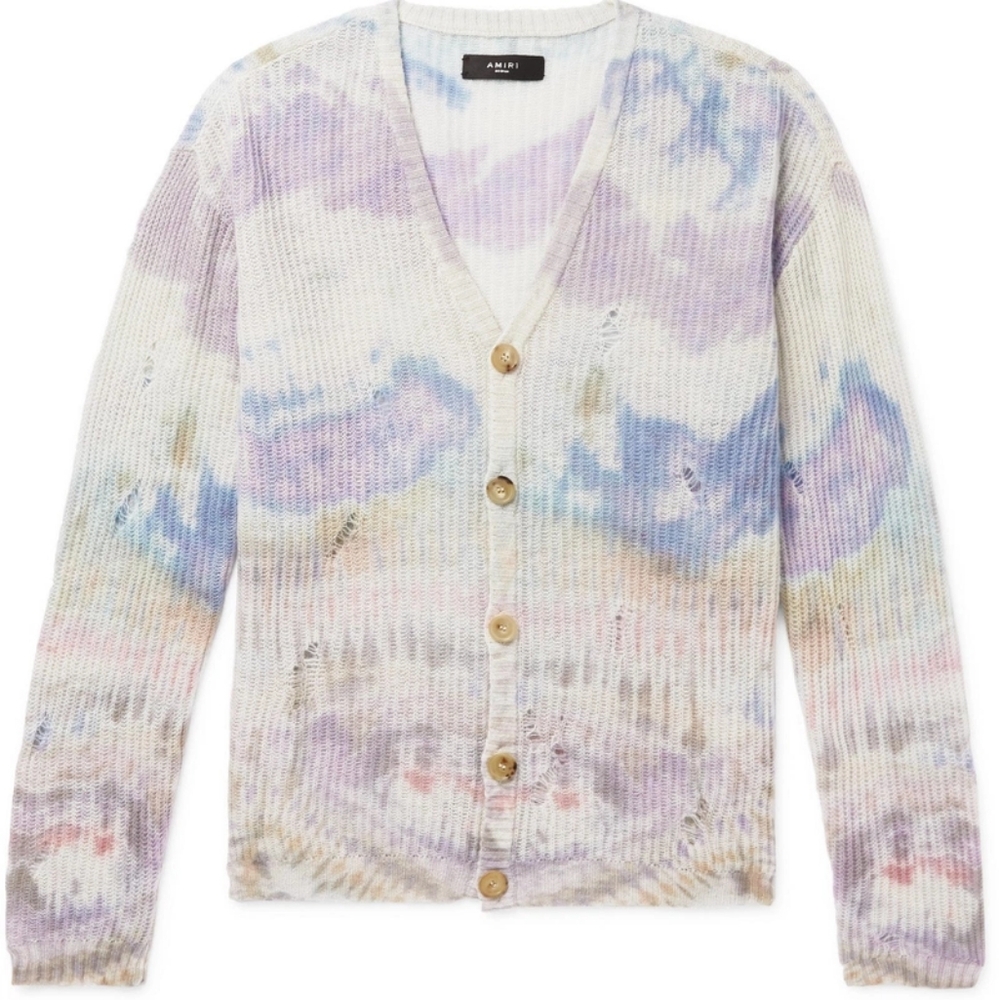 AMIRI Pastel Tie-Dye Ribbed V-Neck Cardigan in Lavender, Blue, Cream